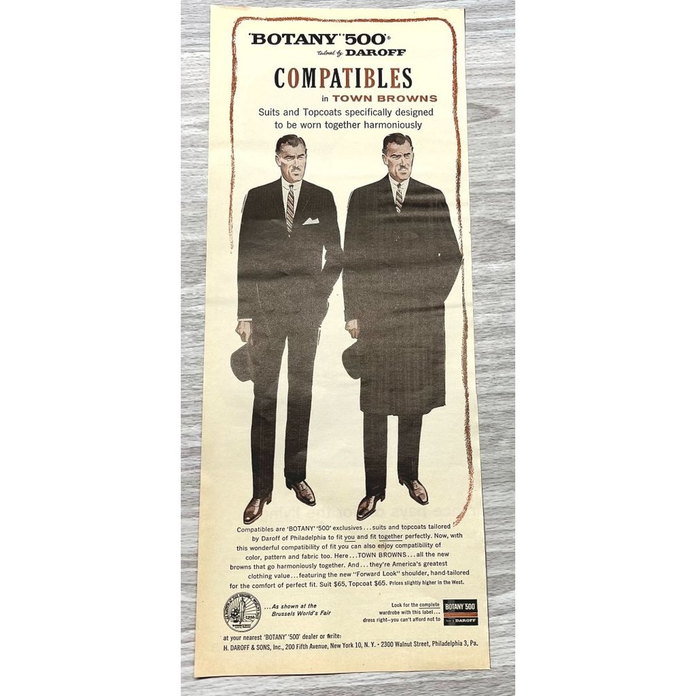 1958 Vintage Print Ad Botany 500 Mens Daroff Tailored Suits Compatibles